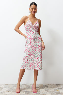 Ekru Cicek Bask?l? Burumcuk Belden Ac?lan/Skater Ask?l? Midi Orme Elbise TWOSS23EL01454 - Trendyolmilla фото 3