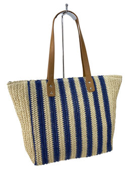 Сумка шоппер из джута с длинными ручками, цвет бежевый/синий