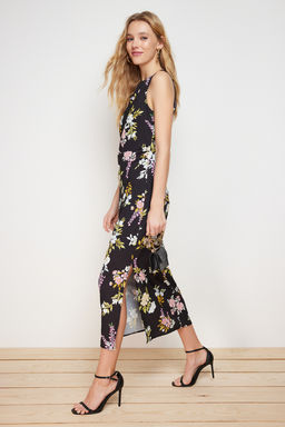 Siyah Cicekli A Kesim Kolsuz Midi Dokuma Elbise TWOSS24EL00440 - Trendyolmilla фото 4