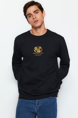 Siyah Bisiklet Yaka Regular/Normal Kesim Uzay Bask? Ici Polar/S?cak Tutan Sweatshirt TMNAW24SW00093