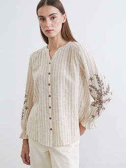 Ka??k Yaka ?izgili Keten Kar???ml? Kad?n G?mlek