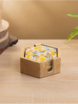 Подставка под горячее «Желтые и синие цветы», набор 4 шт., 15×13×5 см, дерево манго