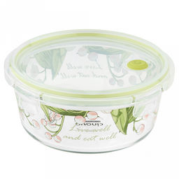 Контейнер стеклянный Ландыши 900мл, д17см h6,6см, боросиликатное стекло, с деколью, круглый, пластмассовая крышка с пароотводом, герметичная, с клипсами, с силиконовым уплотнителем (Китай) - Домашняя Мода фото 4