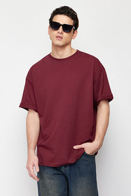 Bordo Oversize/Geni_ Kesim Basic %100 Pamuklu T-Shirt TMNSS22TS0318