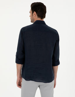 Lacivert Slim Fit Yar_m D__meli %100 Keten G_mlek