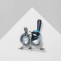 Брошь Птички парочка, цветная в серебре