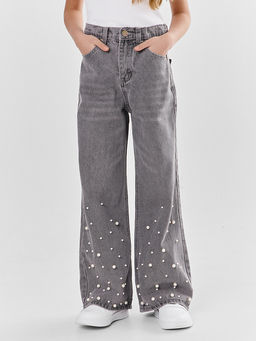 Джинсы для девочек серые с декоративными бусинами - Mark formelle фото 2