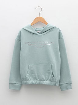 Kap??onlu Bask?l? Uzun Kollu K?z ?ocuk Sweatshirt