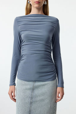 Indigo Kay?k Yaka Drapeli Vucuda Oturan Esnek Orme Bluz TWOAW25BZ00109