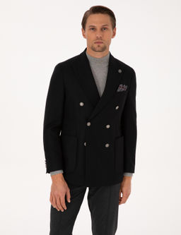 Siyah Ex. Slim Fit Y_n Kar___ml_ Kruvaze Ceket