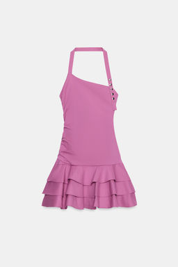 VESTIDO POPEL?N HALTER VOLANTES / Fucsia oscuro