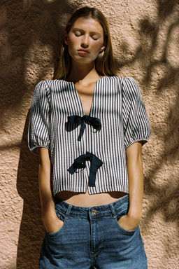 LINEN BLEND TIE BLOUSE - Zara фото 3