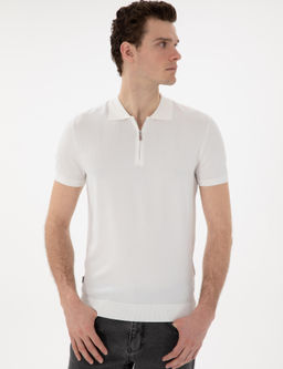 Ekru Slim Fit Fermuarl_ Polo Yaka Triko Ti__rt