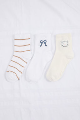 Ekru-Cok Renkli 3lu Cizgili Jakar Orme Corap THMSS26CO00017