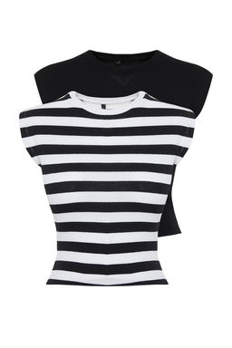 Siyah-Cok Renkli 2li Paket Cizgili ve Duz Fitilli Crop Ay Kol Esnek Orme Bluz TWOSS24BZ00367 - Trendyolmilla фото 7