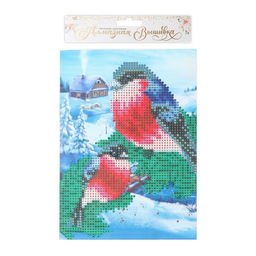 Алмазная мозаика на новый год с частичным заполнением на холсте Снегири, 15?21 см, набор для творчества