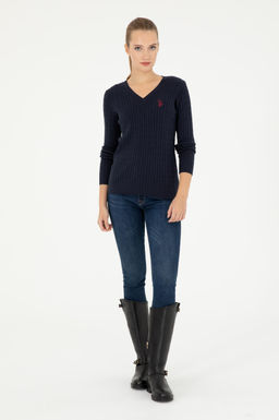 Женский темно-синий базовый свитер с v-образным вырезом Неожиданная скидка в корзине - U.s. polo assn фото 4
