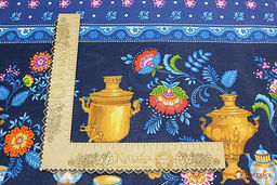 Рогожка Самовары по кайме цв.синий, ш.1.5м, хлопок-100%, 160гр/м.кв - Купава фото 2