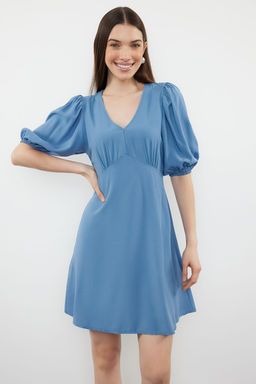 Indigo Etegi Volanl? Balon Kollu Mini Dokuma Elbise TWOSS24EL00062