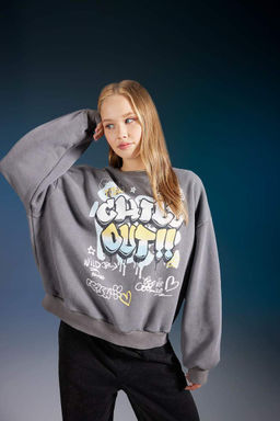Моющийся свитшот с круглым вырезом и принтом Cool Oversize с эффектом выцветания - Defacto фото 3