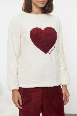 Trendyolmilla Ekru-Bordo Kalpli Wellsoft K?sl?k Orme Pijama Tak?m? THMAW25PT00087