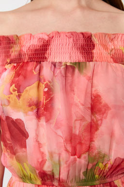 Pembe Cicekli Etegi Belden Ac?lan Gipe Detayl? Madonna Yaka Mini Dokuma Elbise TWOSS24EL00746 - Trendyolmilla фото 5