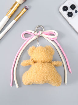 Брелок текстиль "Мишка с бело-розовым бантиком" бежевый 6х9,5х20 см