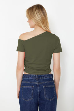 Trendyolmilla Siyah Buzgulu Asimetrik Yaka Esnek Orme Bluz TWOSS24BZ00073 фото 12