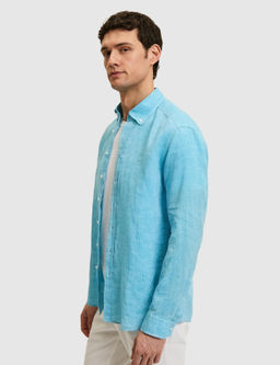 Turkuaz Regular Fit Yakas_ D__meli %100 Keten G_mlek