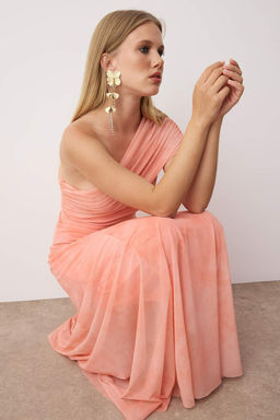 Ac?k Turuncu Desenli Kay?k Yaka Dokuma Maxi Abiye Gece Mezuniyet Elbisesi TPRSS25AE00190 - Trendyolmilla фото 8