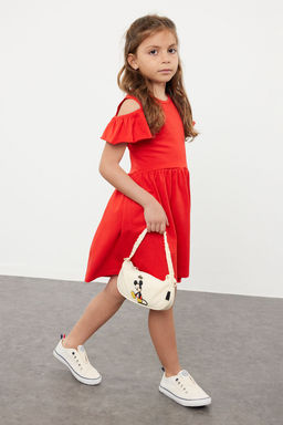 K?rm?z? K?z Cocuk Omuz Cut Out Pamuklu K?sa Kol Bayraml?k Orme Elbise TKDSS24EL00003
