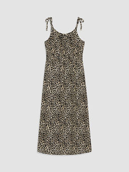 U Yaka ?p Ask?l? Leopar Desenli Elbise