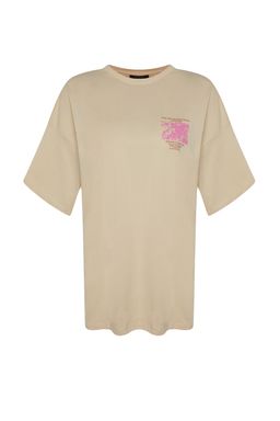 Premium Tas %100 Kal?n Pamuklu On ve Arka Bask?l? Oversize/Genis Kal?p Orme T-Shirt TWOSS23TS00269