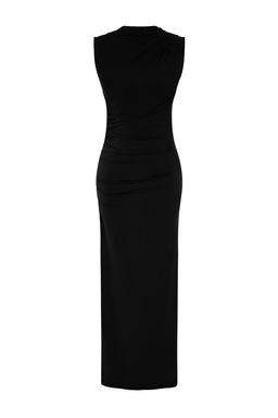 TRENDYOLMILLA Siyah Drapeli Fitted/Vucuda Oturan Dik yaka Kolsuz Esnek Orme Maxi Kalem Elbise TWOSS24EL00830  фото 7
