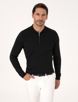Siyah Regular Fit Y_n Kar___ml_ Fermuarl_ Polo Yaka Basic Triko Kazak