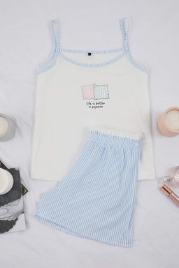 Beyaz-Mavi Bask?l? Cizgili Bel Detayl? Orme Pijama Tak?m? THMSS26PT00086 - Trendyolmilla фото 5