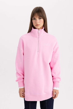 Толстовка-туника на мягкой подкладке с воротником-поло обычного кроя и принтом - Defacto фото 3