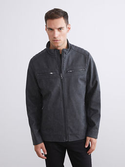 Biker Yaka Deri G?r?n?ml? Erkek Ceket