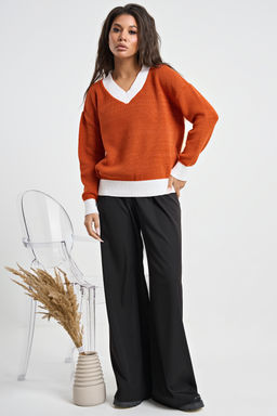 Пуловер вязаный с v-вырезом красная глина