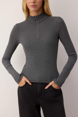 Antrasit Fitted/vucuda Oturan Fermuarl? Yaka Esnek Orme Bluz TWOAW25BZ00163