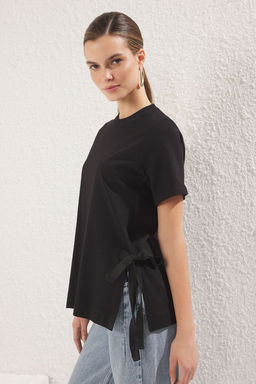 TRENDYOLMILLA Beyaz %100 Pamuk Yan Baglama Detayl? Relaxed/Rahat Kesim Orme T-Shirt TWOSS25TS00074  фото 6