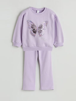 Kelebek Bask?l? K?z ?ocuk Sweatshirt ve Tayt Tak?m