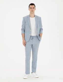 A__k Mavi Slim Fit Keten Kar___ml_ _izgili Tak_m Elbise
