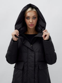 Пальто утепленное стеганное зимнее с капюшоном женское черного цвета 9602Ch - Mtforce фото 7