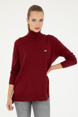 Женский бордово-красный базовый свитер с высоким воротником