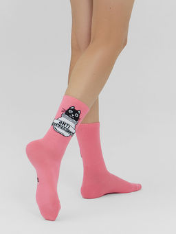 Цена за 5 пар! Носки женские лиловые с рисунком в виде котика и надписью Антидепресант - Mark formelle фото 2