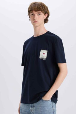Regular Fit Bisiklet Yaka Bask?l? K?sa Kollu Tisort