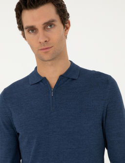 _ndigo Regular Fit Y_n Kar___ml_ Fermuarl_ Polo Yaka Basic Triko Kazak