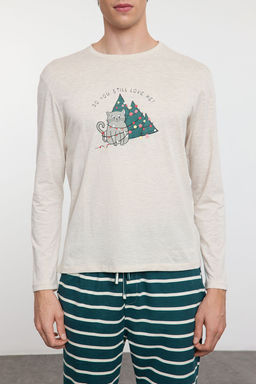TRENDYOL MAN Bej Cizgili Regular Fit Couple Y?lbas? Orme Pijama Tak?m? TMNAW25PT00045 - Trendyolmilla фото 6