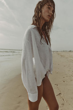CAMISA CON LINO BAJO ABULLONADO / Blanco - Zara фото 12